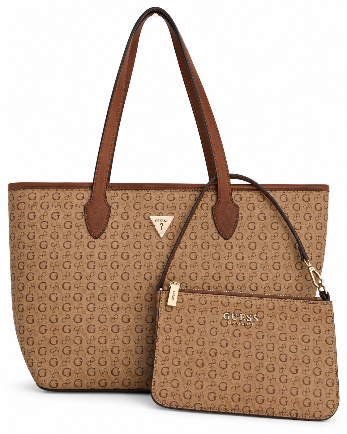 Dos en una tote y bolsa de hombro camel con café
