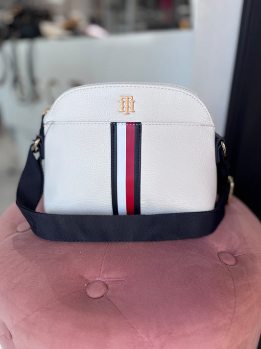 Crossbody Tommy H blanca con franjas en medio