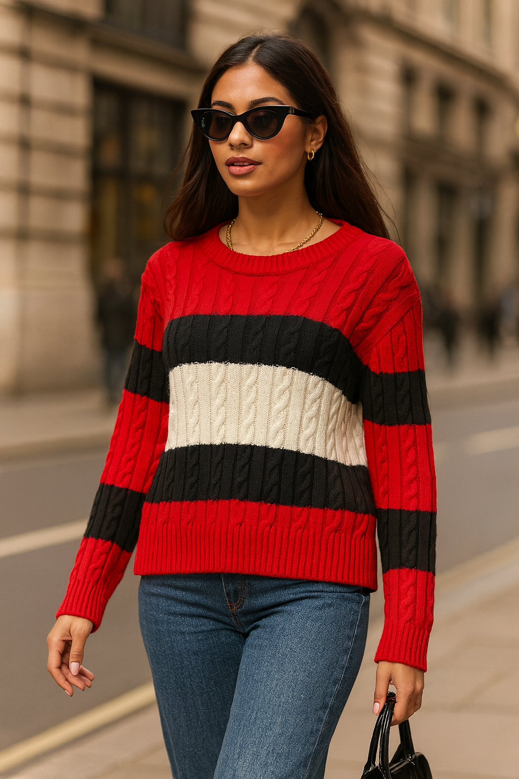 Suéter Tommy H rojo, líneas blanco y azul marino bordado cuello redondo