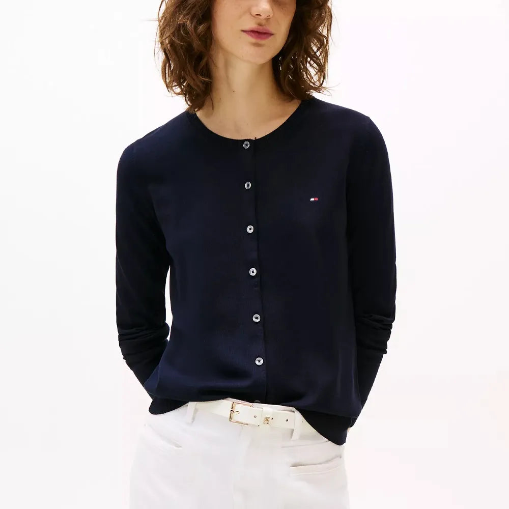 Suéter Tommy H azul marino, botones plateados y cuello redondo
