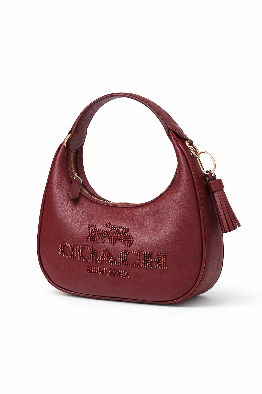 Crossbody/Hobo vino, placa en 3D, doble strap y herrejes dorados