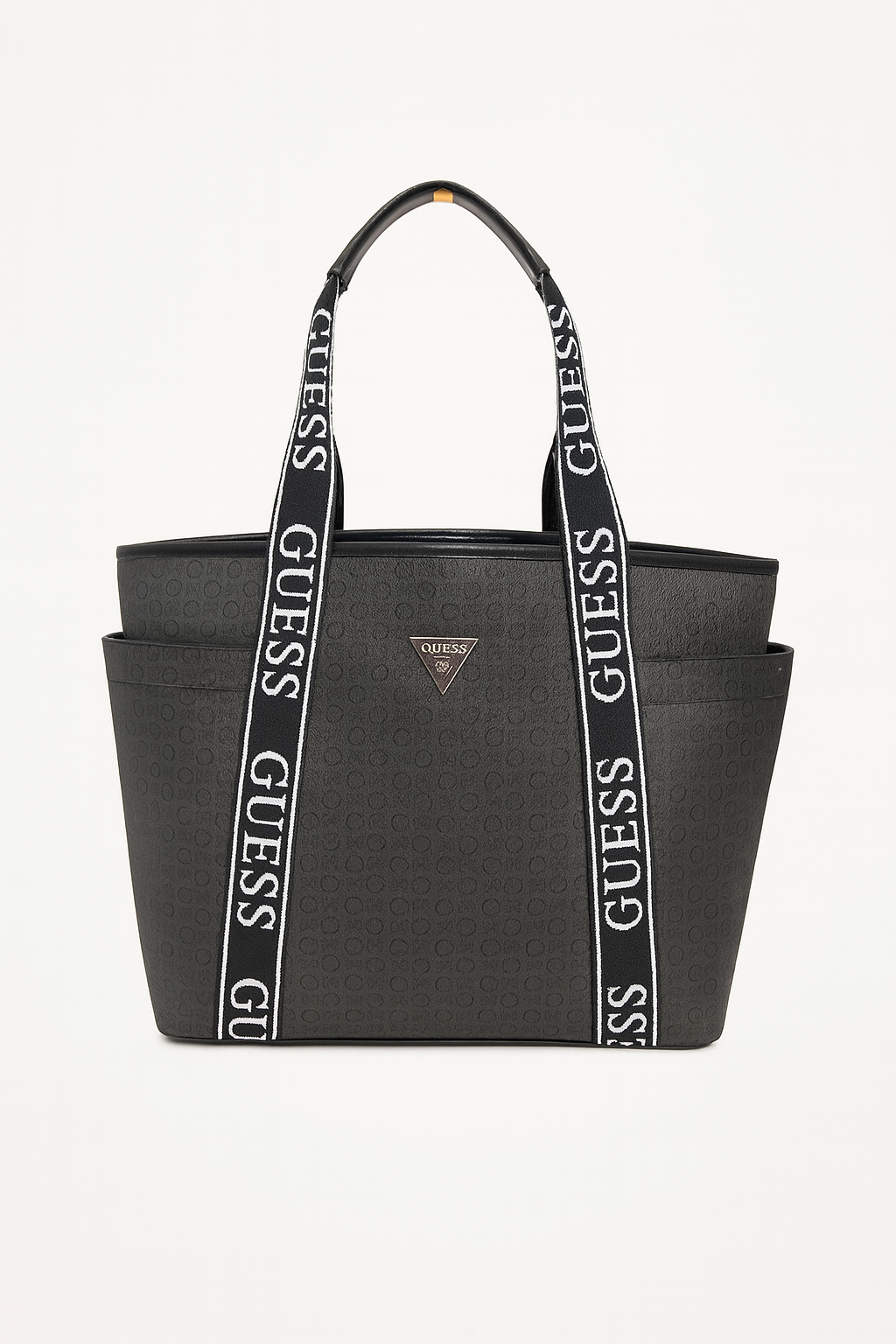 Tote Guess negra con monogram, placa plateada y strap blanco/negro