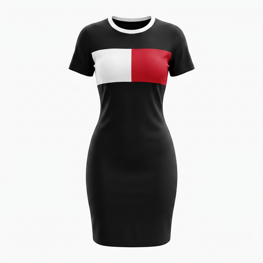 Vestido Tommy H negro con estampado blanco y rojo