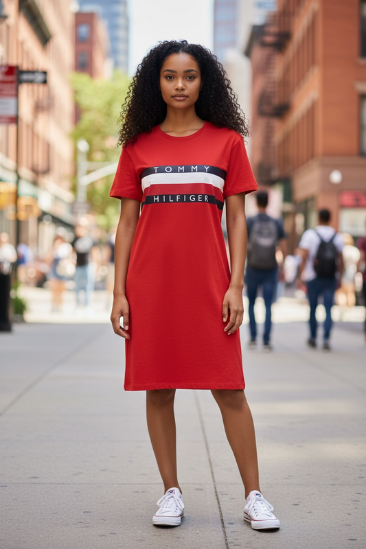 Vestido Tommy H rojo con bandera y letras blancas