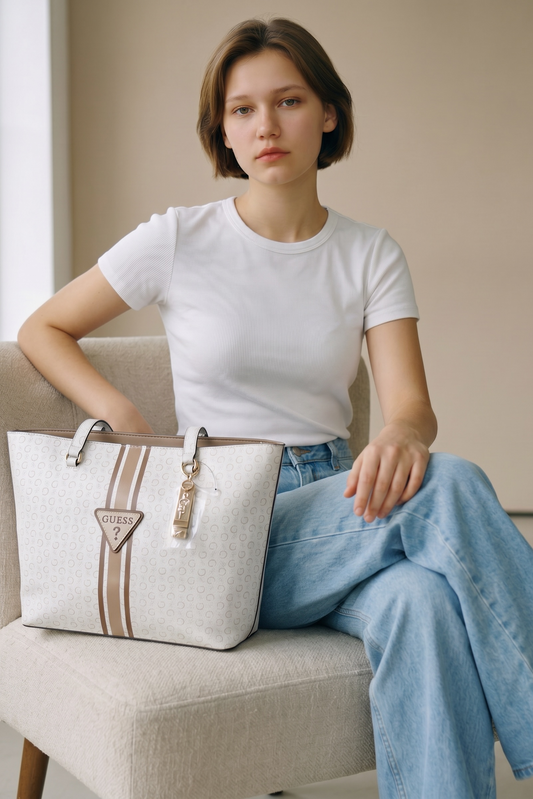 Tote Guess blanca monogram beige raya camel y Charm