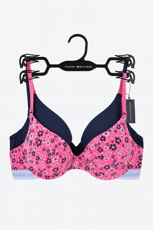 Brasier Dúo Tommy H azul marino y rosa con flores, resorte blanco