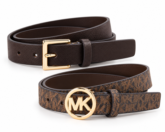 Dúo de cinturones Michael K café liso y monogram talla S