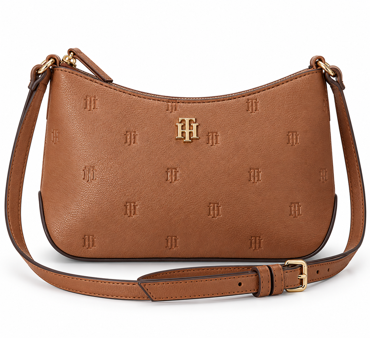 Crossbody camel Tommy H monogram placa dorada