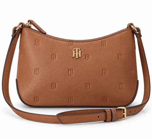 Crossbody camel Tommy H monogram placa dorada