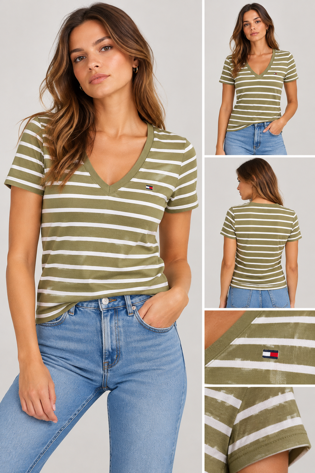 Playera Tommy Hilfiger verde olivo rayas cuello V