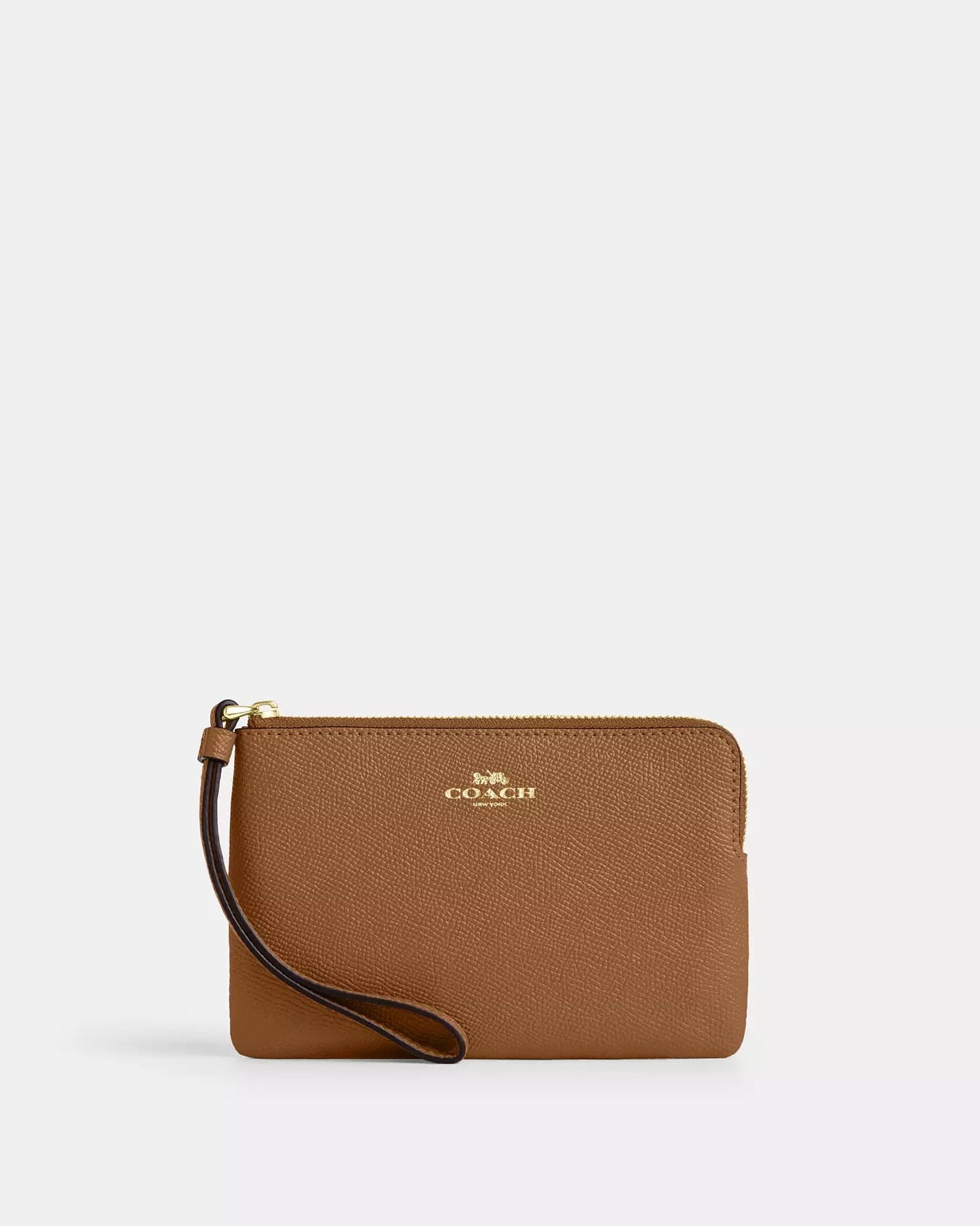 Muñequera Coach camel, strap y logo grabado dorado