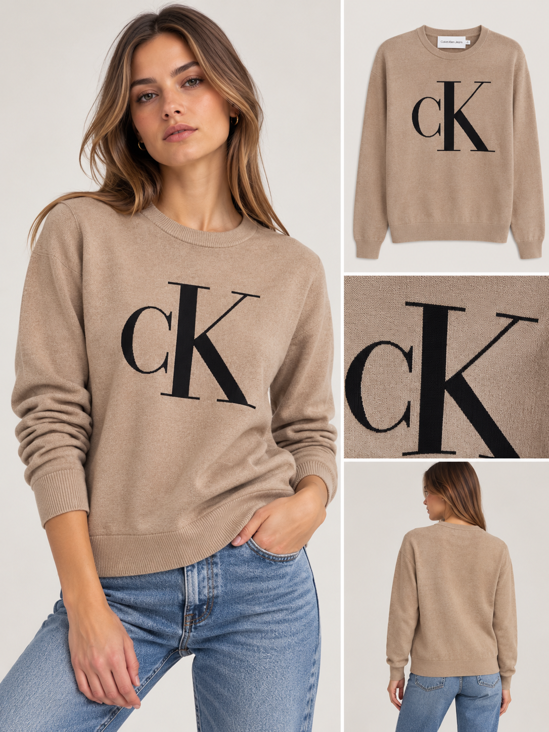 Suéter Calvin Klein camel con logo CK grande