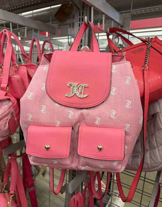 Backpack Juicy C mezclilla rosa detalles en dorado y monogram blanco