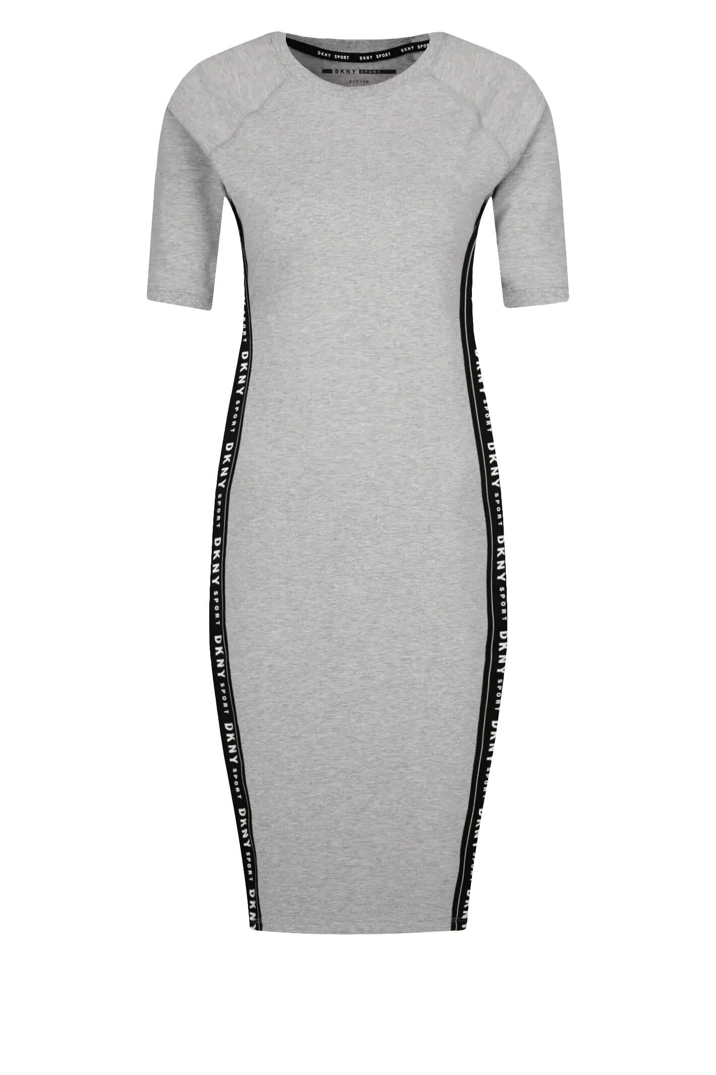 Vestido DKNY gris, franjas negras a los costados