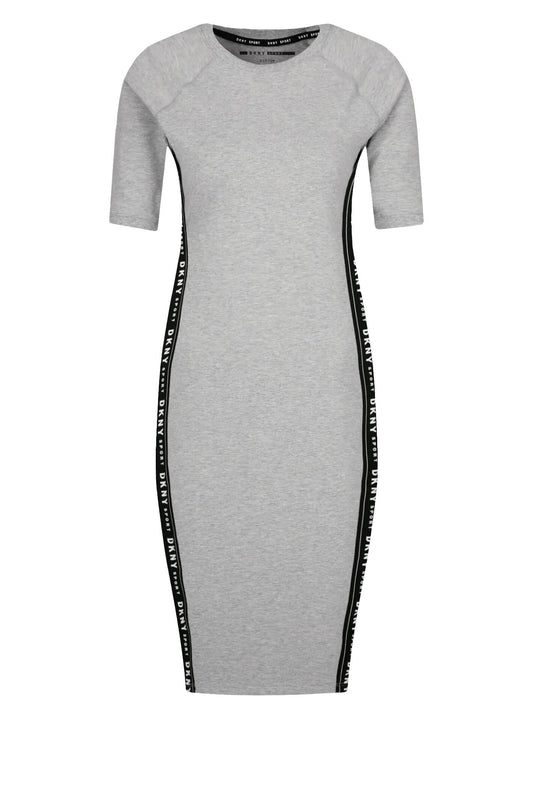 Vestido DKNY gris, franjas negras a los costados