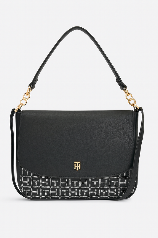 Hobo/crossbody Tommy negra, monogram blanco