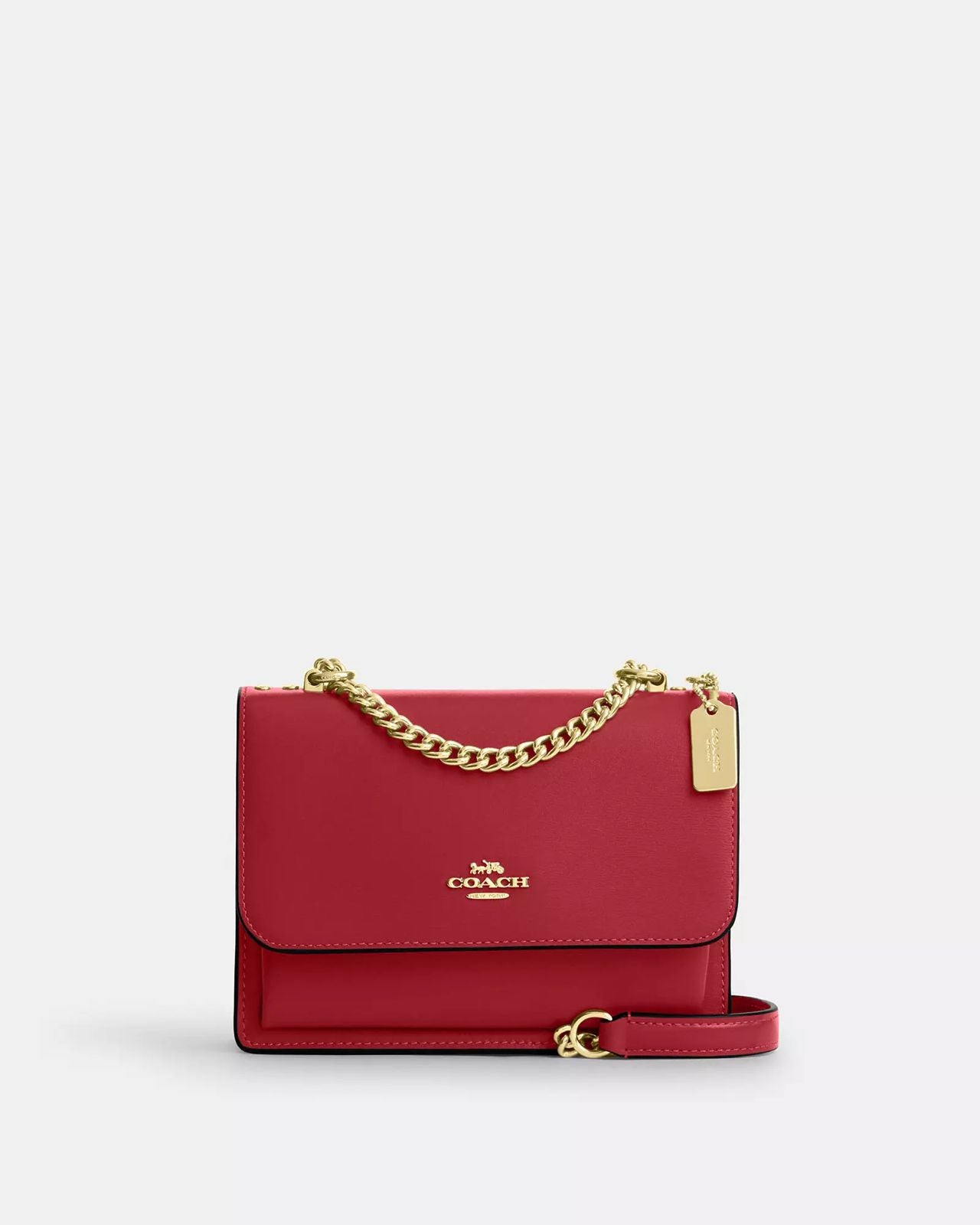 Crossbody Couch True roja, placa y strap de cadena dorada