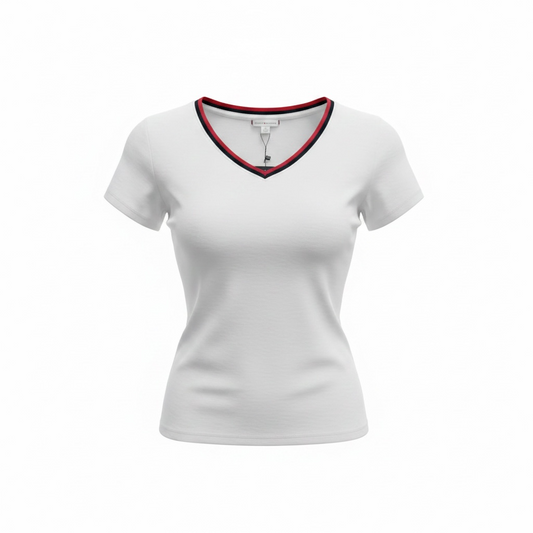 Playera Tommy H blanca bandera en cuello corte V blanca