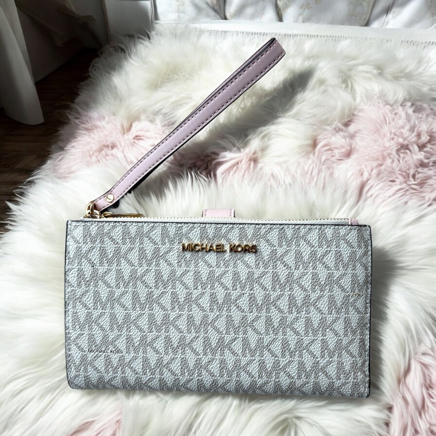 Cartera Michael k vanilla/rosa doble cierre