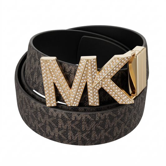 Cinturón Michael K reversible café/café con monogram y placa con brillos