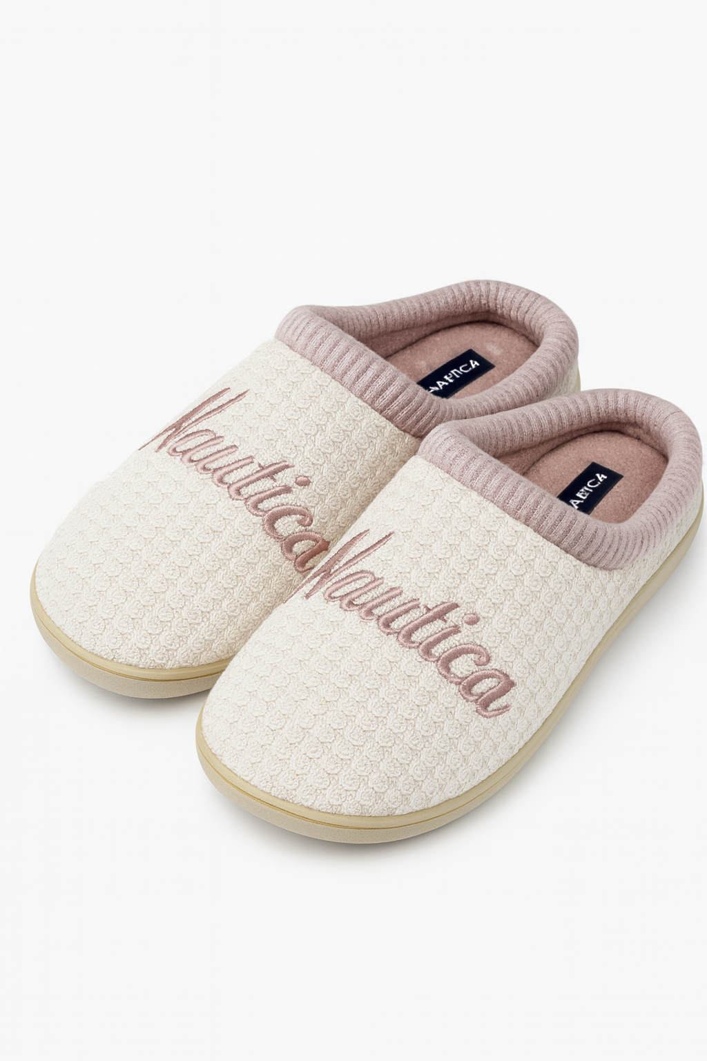 Pantuflas Náutica palo de rosa, letras bordadas, suela camel