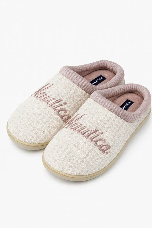 Pantuflas Náutica palo de rosa, letras bordadas, suela camel