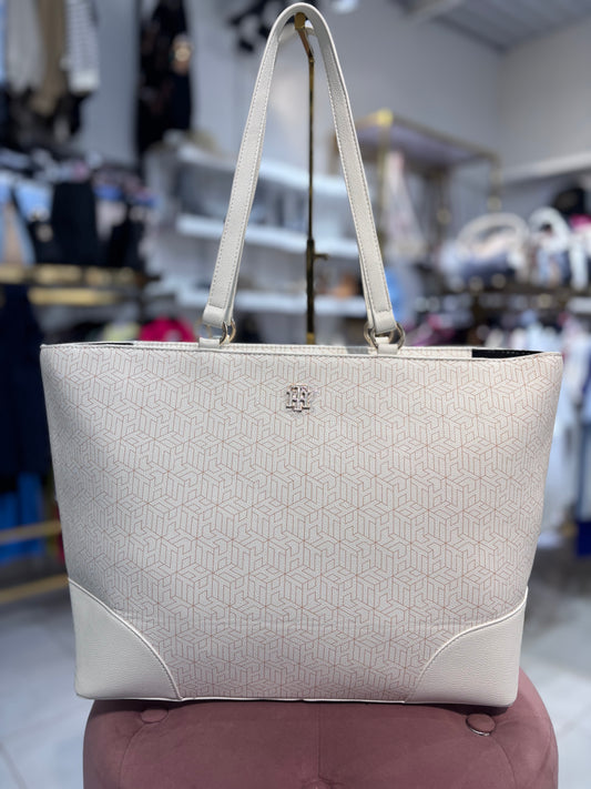 Tote Tommy H blanca con monogram dorado