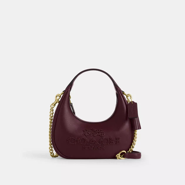 Crossbody/Hobo vino, placa en 3D, doble strap y herrejes dorados