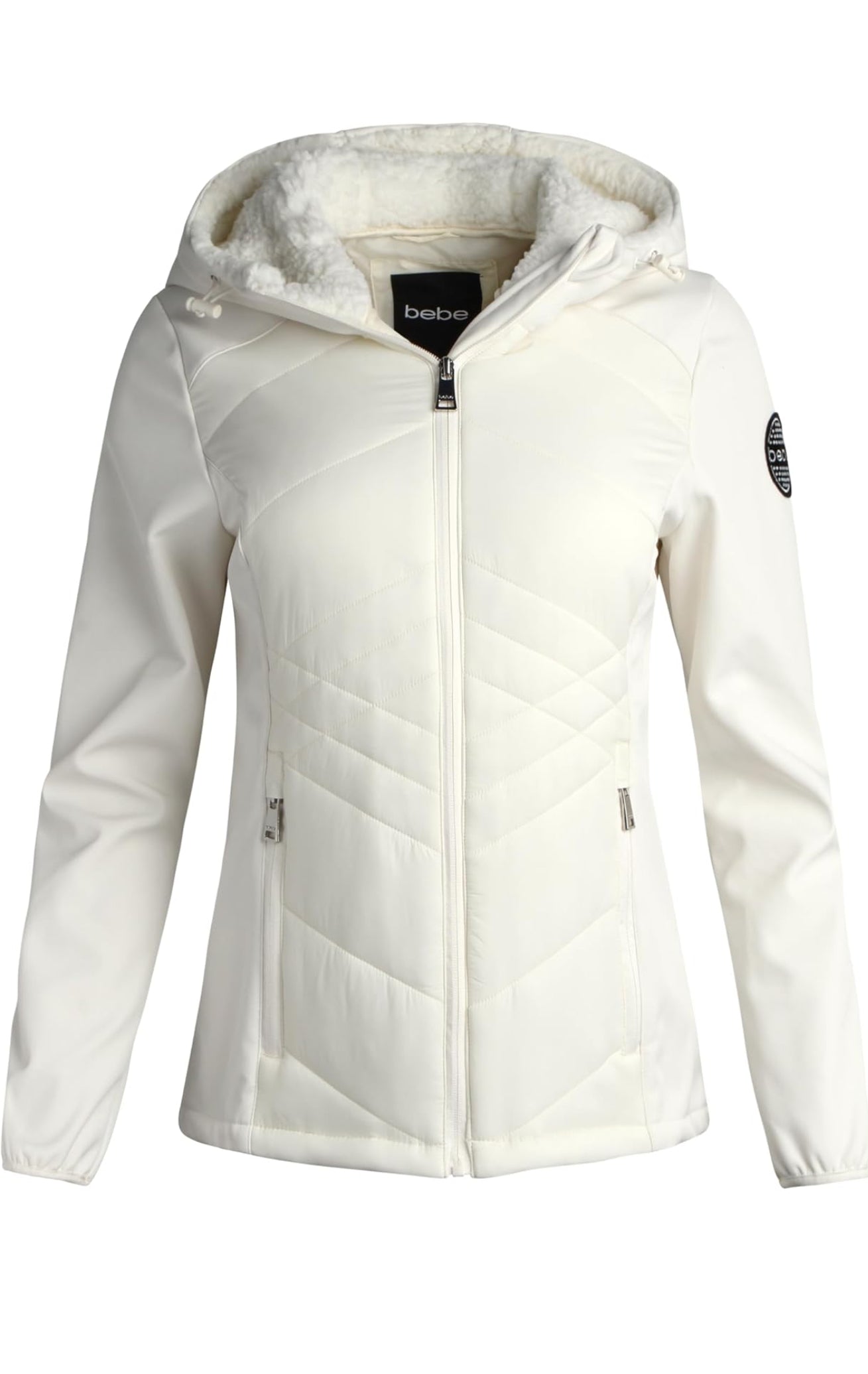 Chamarra Bebe crema capitonadalisa, gorrito afelpado y placa negra con brillos