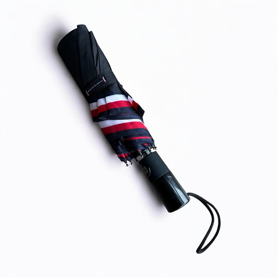 Sombrilla Tommy H negra, orilla blanco/rojo, botón abrir cerrar