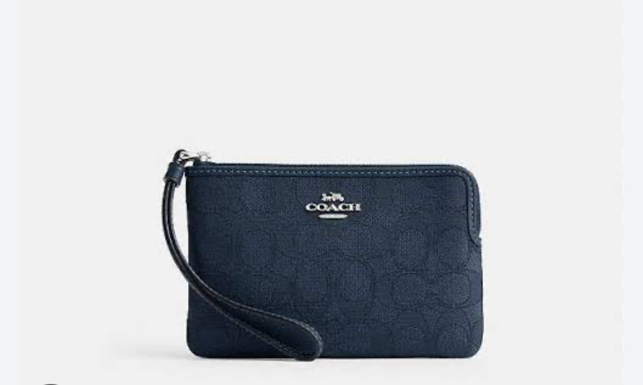 Muñequera Coach azul marino, monogram, placa plateada y strap