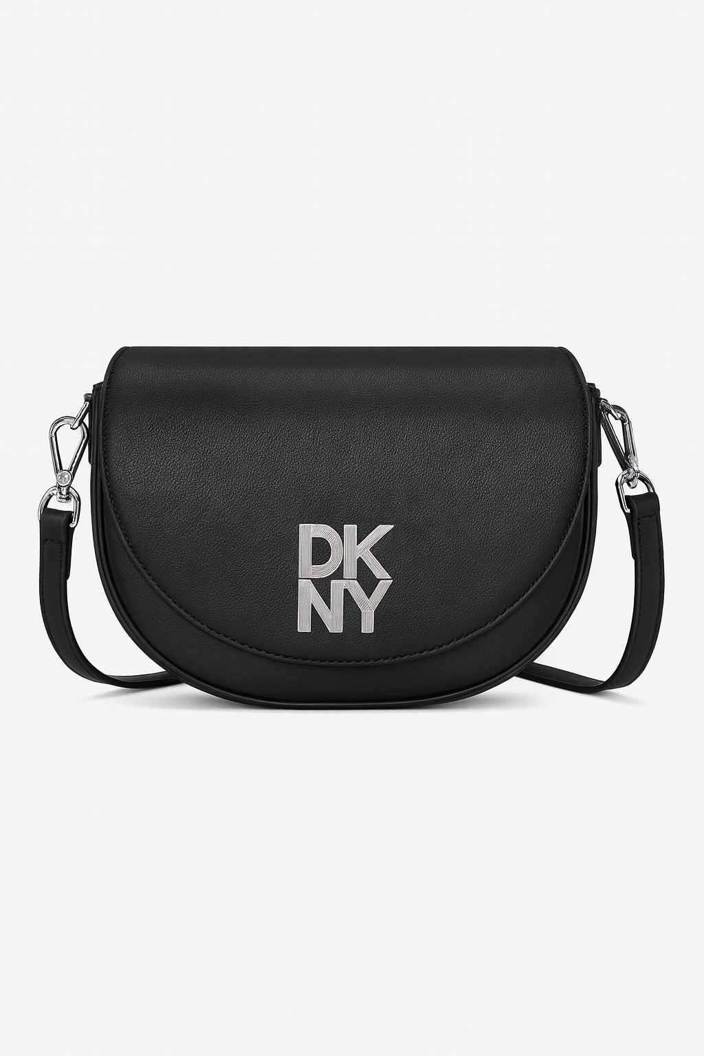 Crossbody Sana Flap DKNY negra, placa plateada