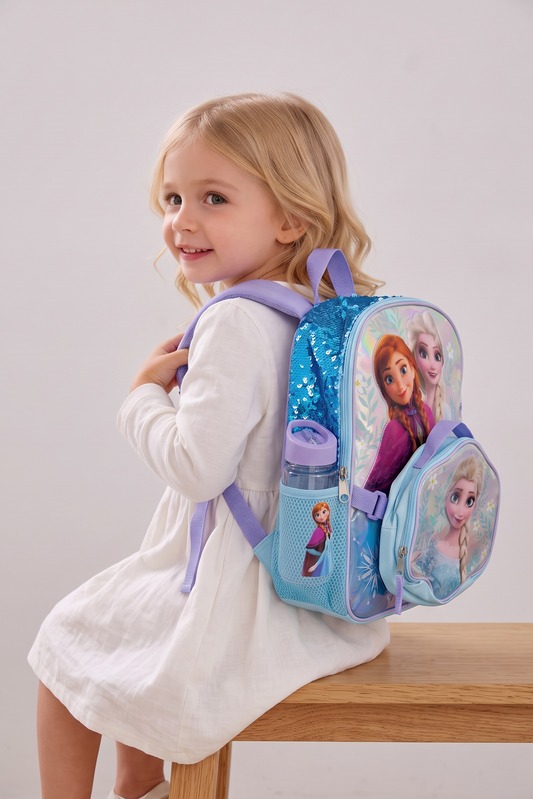 Backpack Disney azul de Frozen con lapicera, lonchera y vaso para agua