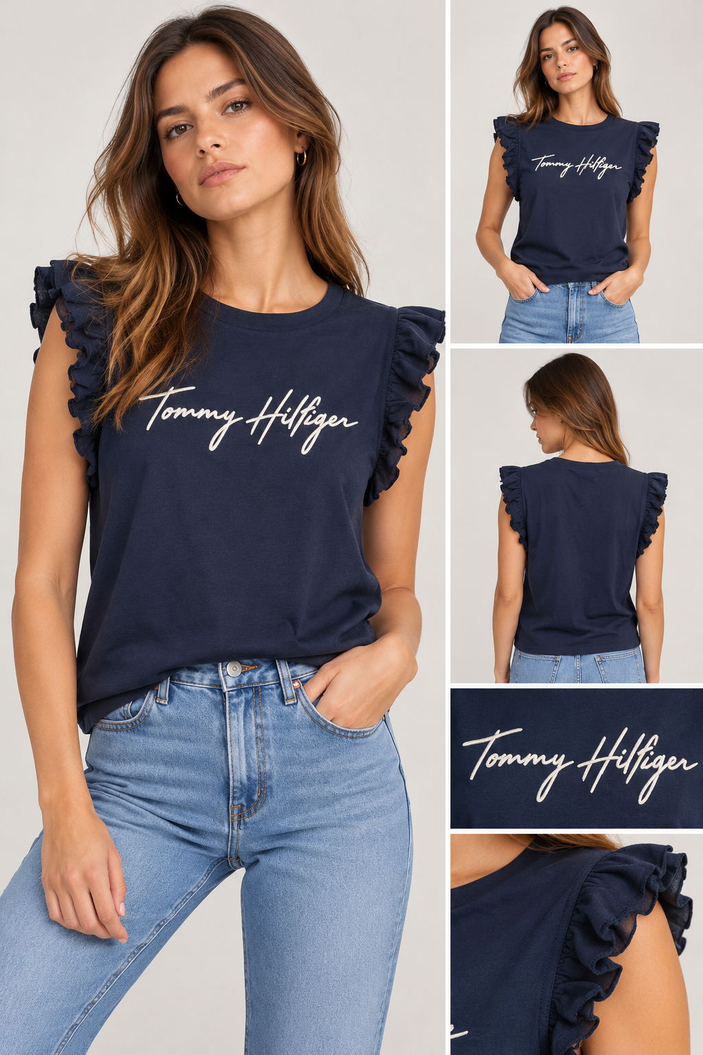 Blusa Tommy Hilfiger azul marino con olanes y firma