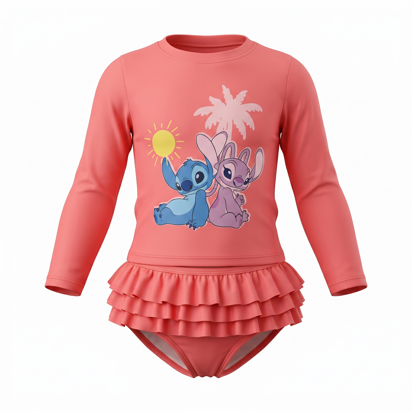 Traje de baño Disney niña coral Stitch 2pzs playerita manga larga, olanes en bikini