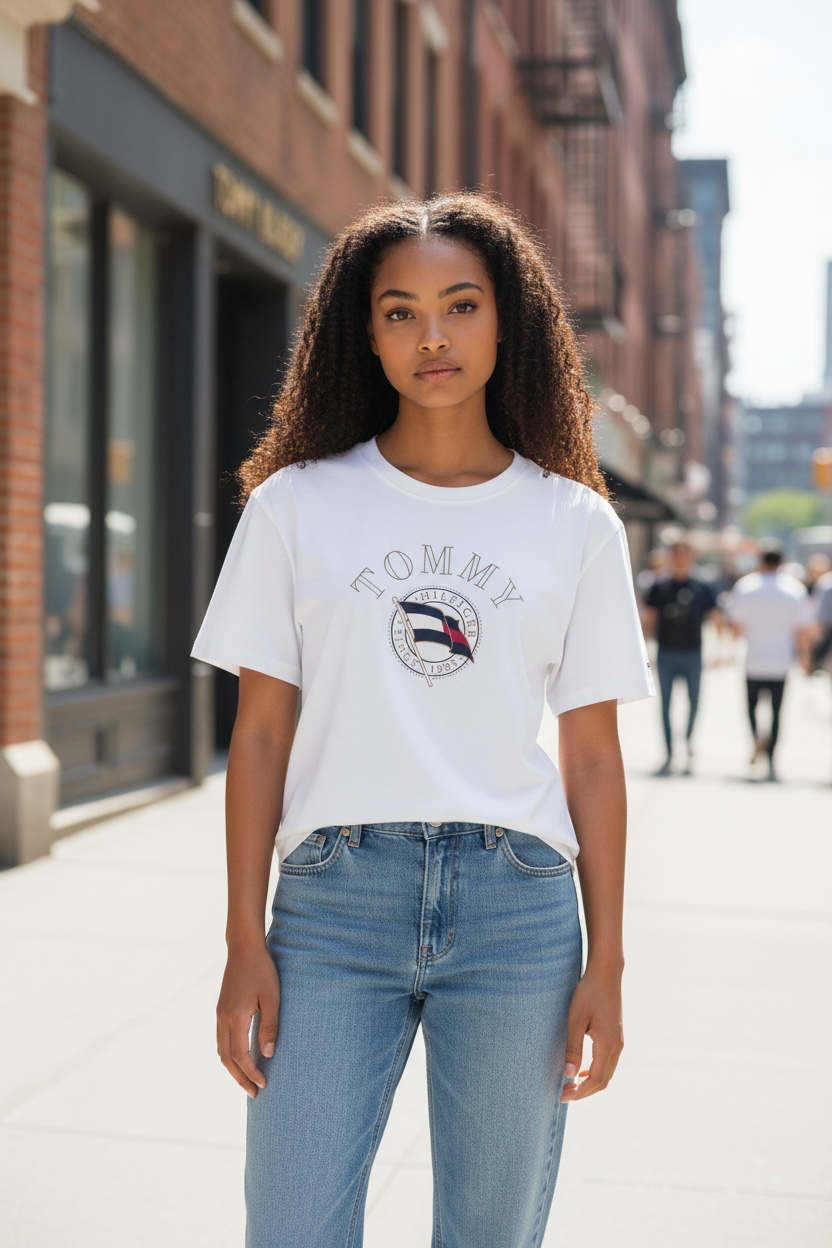 Playera Tommy H blanca con letras doradas