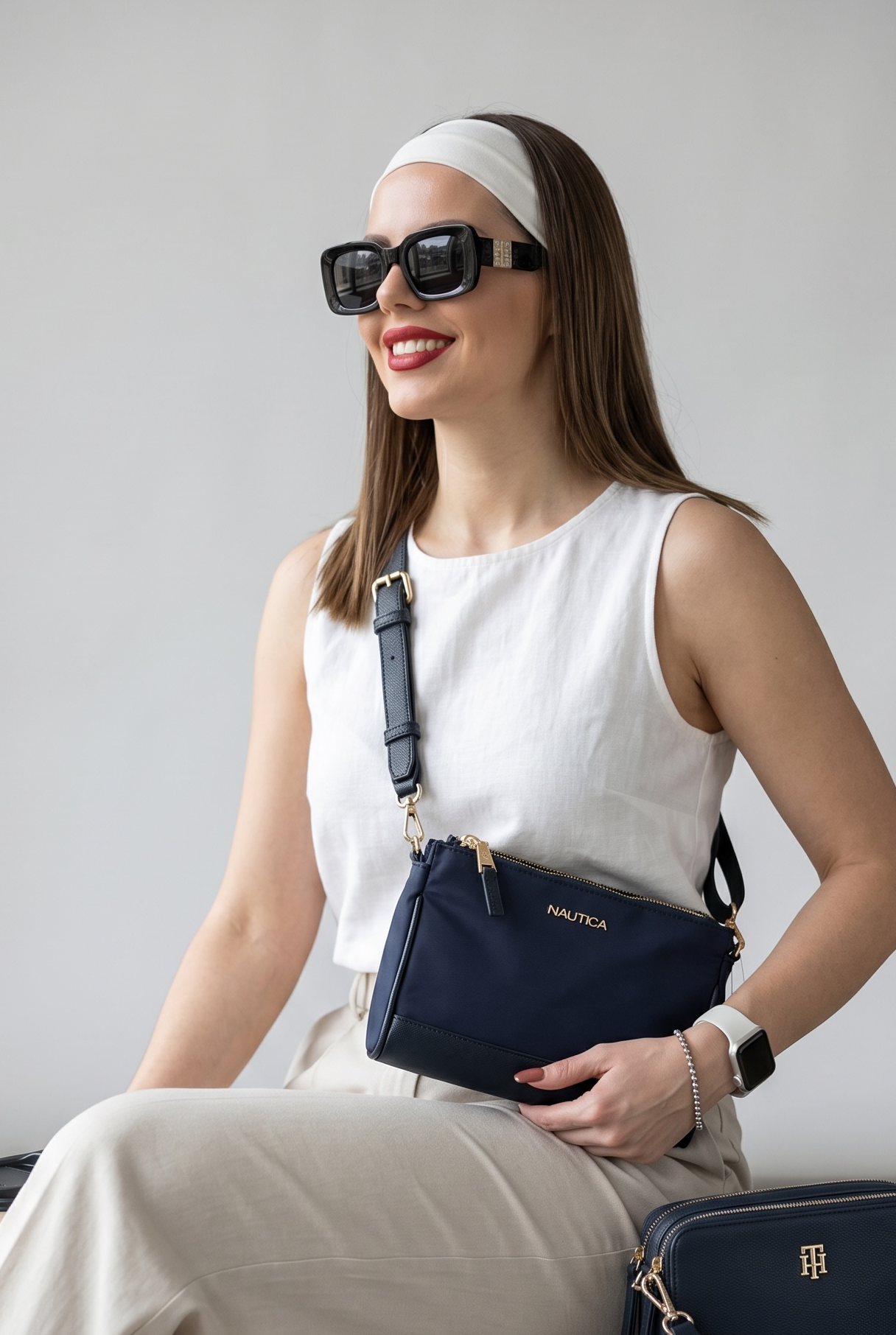 Crossbody náutica azul marino dorado strap ajustable doble cierre y compartimento enmedio con broche de imán