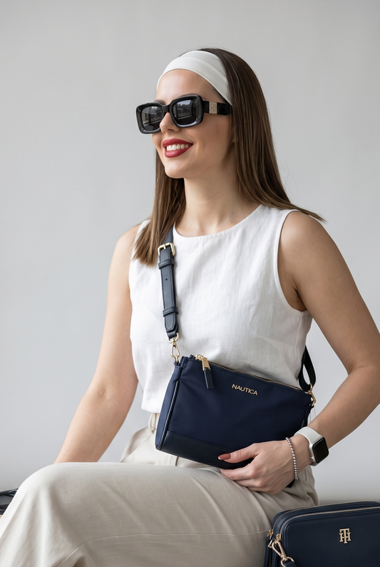 Crossbody náutica azul marino dorado strap ajustable doble cierre y compartimento enmedio con broche de imán