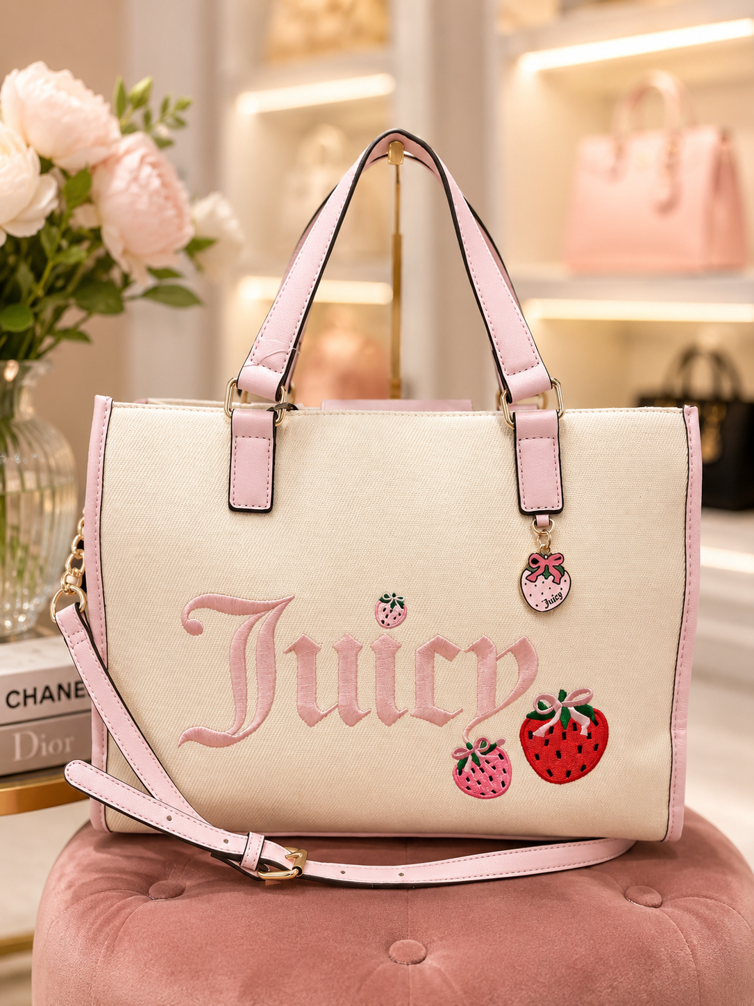 Tote Juicy C crema con rosa y dije de fresa