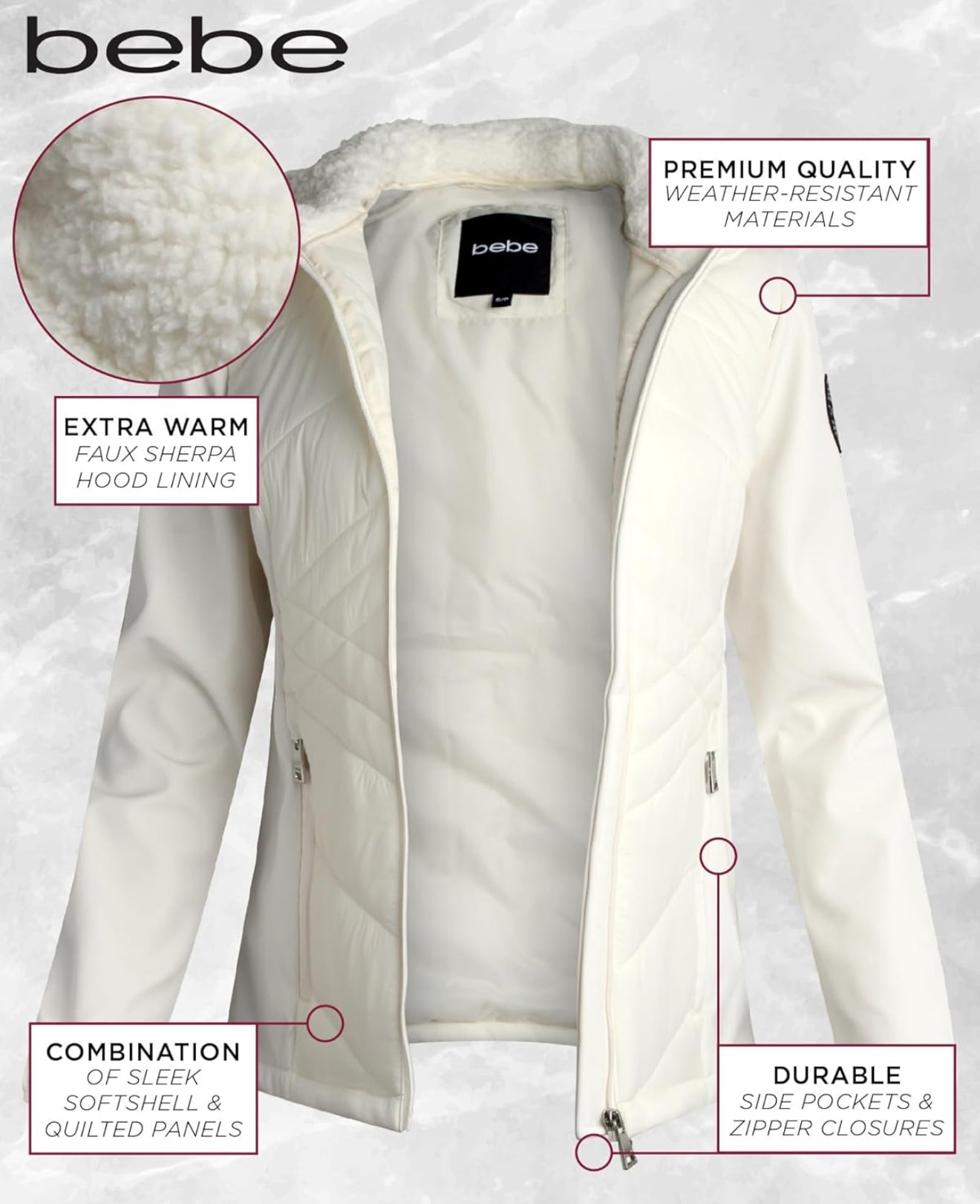 Chamarra Bebe crema capitonadalisa, gorrito afelpado y placa negra con brillos