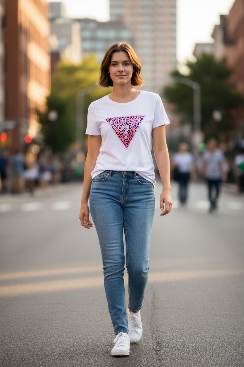 Playera Guess blanca con logo rosa y brillos