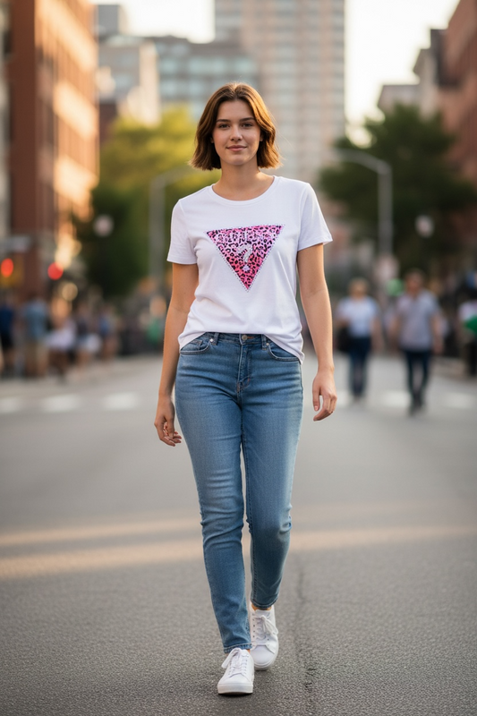 Playera Guess blanca con logo rosa y brillos