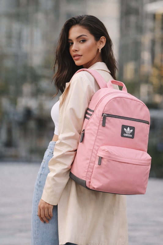 Backpack Adidas rosa, detalles en gris, placa en parche