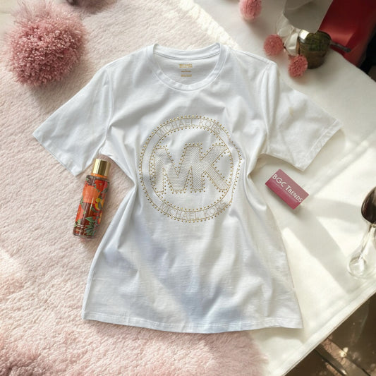 Playera Michael K blanca con brillos dorados