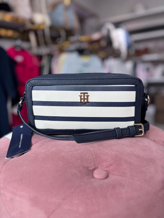 Crossbody Tommy H azul marino con blanco