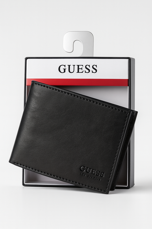Cartera lisa con Guess grabado en lado derecho inferior