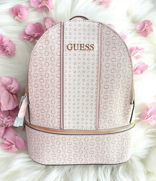 Backpack Guess beige/rosa con dos cierres y monogram