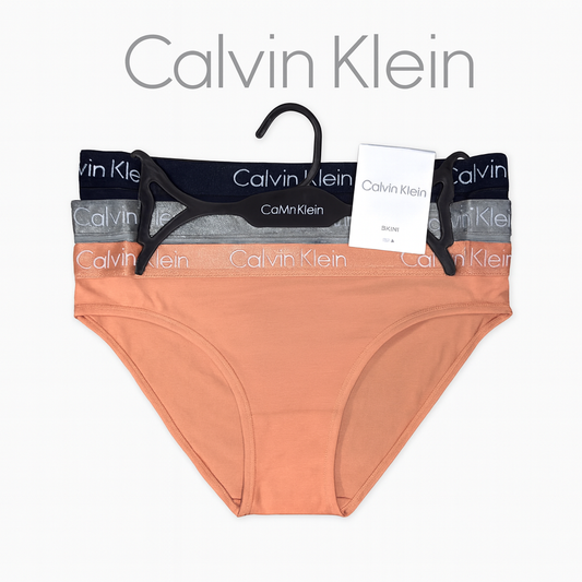 Panties Calvin k naranja, gris, azul marino y resorte brilloso con letras en blanco