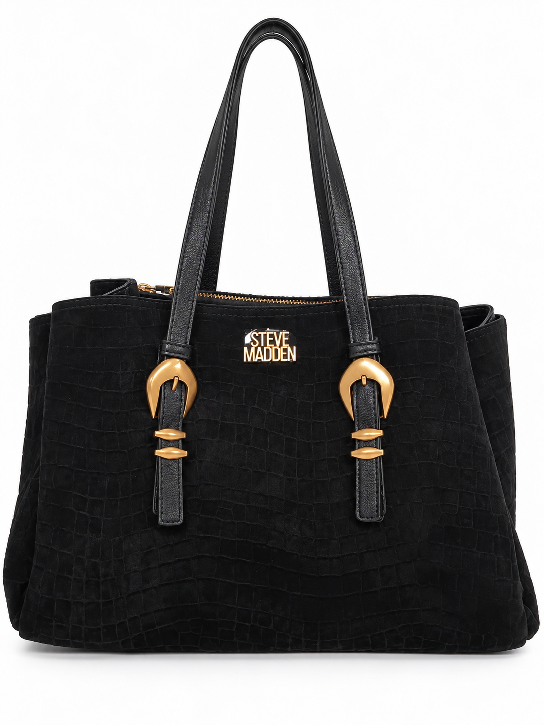 Tote Steve Madden negra con textura cocodrilo y hebillas doradas