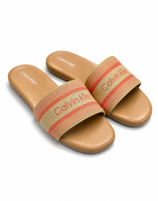 Sandalias Calvin K camel/rosa y letras bordadas
